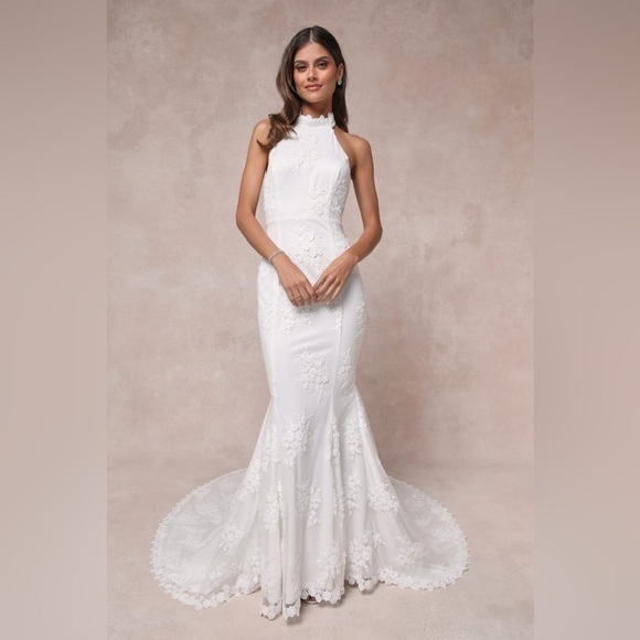 LULU’S Dreamy Glamour White Embroidered Halter Mermaid Maxi Dress - Picture 3 of 11